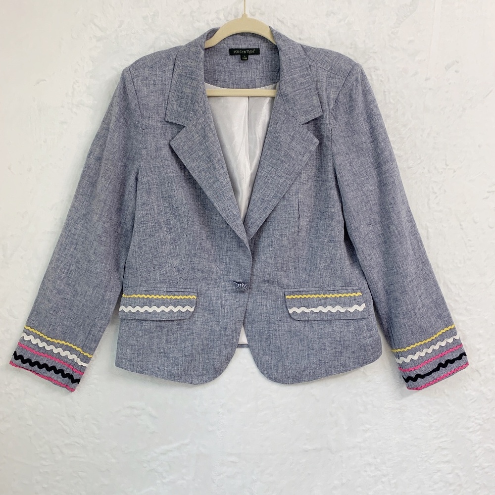 For Cynthia Ric Rac Trim Linen Cotton Blazer Chambray Blue Sz L